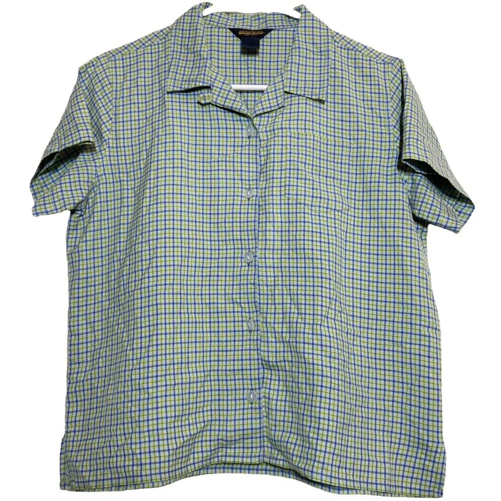 Woolrich Button Down Top Short Sleeve Collared Blue Yellow Plaid Chest Pocket M